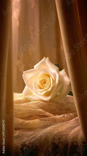 White Rose Golden Light Romantic Lace Fabric Elegant Bloom