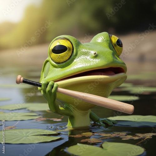 Frog with a Baseball Bat in the Water.