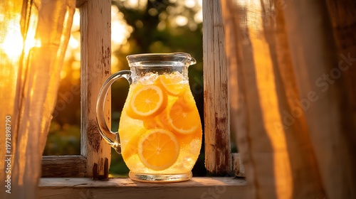 Fresh Citrus Infused Water Pitcher in Golden Hour Garden Sunlight