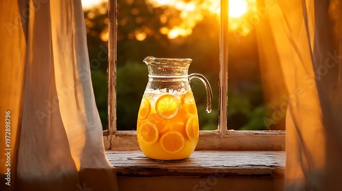 Refreshing Citrus Lemonade Pitcher Glowing in Golden Hour Light