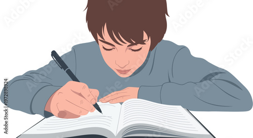 Teenager writing in a book.