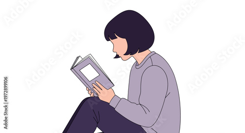 Woman reading a book sitting down.