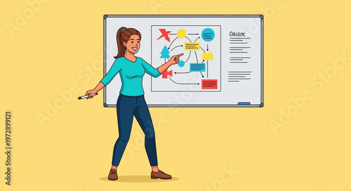 Woman presenting on whiteboard with graphics.