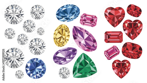 Colorful assortment of dice featuring various shapes and heart designs