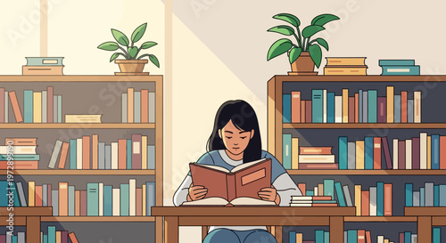 Woman reading book in library 1.