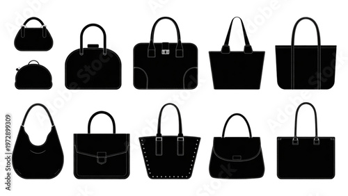 Assorted black handbags displayed in a row for variety comparison