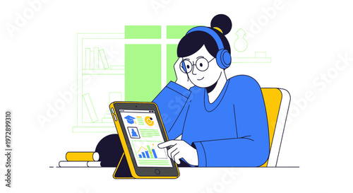 Woman wearing headphones using tablet.