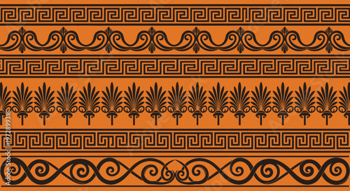 Set of Ancient Greek Ornament Borders with Meander, Palmette, and Scroll Motifs on Terracotta Background