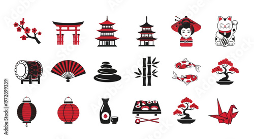 Japanese Culture and Heritage Icons Set: Red and Black Vector Illustrations of Torii Gate, Geisha, Pagoda, Sushi, Bonsai, and Traditional Symbols for Design and Travel