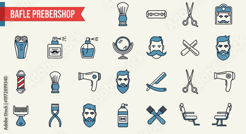 Barbershop Icon Set - Professional Men's Grooming, Haircut, and Shaving Tool Illustrations