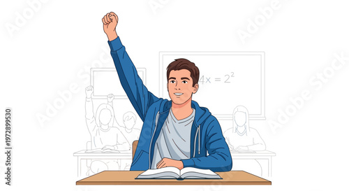 Young Man Sitting at Desk Smiling.