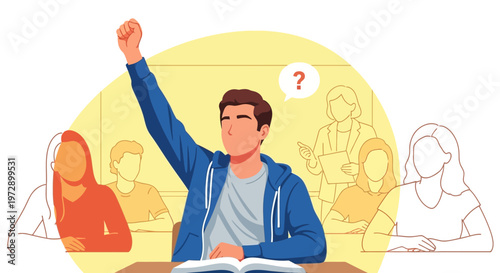 Young man raising hand in classroom.