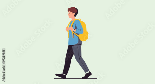 Young man walking with yellow backpack.