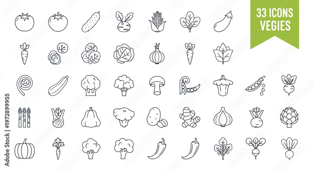 Fototapeta premium Set of 33 Vegetable Line Icons - Minimalist Vector Collection for Organic Food, Healthy Eating, Garden Produce, and Culinary Design