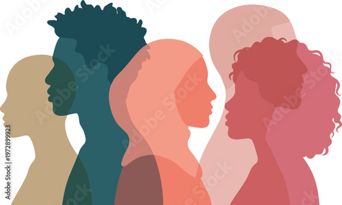 Multicultural diverse community profile silhouettes of people from different backgrounds and cultures, celebrating unity, inclusion, equality and social togetherness