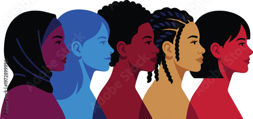 Diverse group of multiethnic women profile silhouettes standing together, empowerment, inclusion, social equality, and female sisterhood vector illustration
