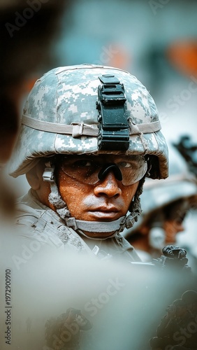 A close-up portrait captures the intense and focused expression of a male soldier in combat gear, sweating under his helmet and tactical goggles, conveying readiness and vigilance. Generative AI.