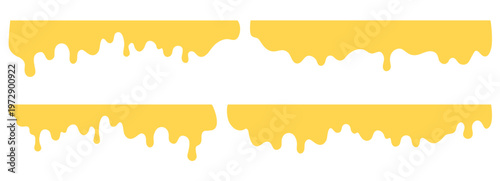 Yellow dripping borders set. Melting divider shapes. Liquid honey paint drip edges isolated on white background.