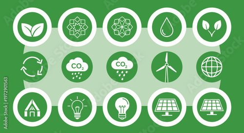 Green Ecology and Sustainability Icon Set: Renewable Energy, Carbon Footprint, Solar Power, Recycling, and Environmental Conservation Symbols