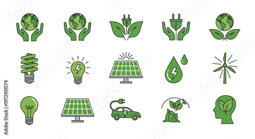Green Energy and Ecology Icon Set: Sustainable Renewable Resources, Solar Panels, Wind Turbines, Electric Vehicles, and Environmental Conservation Symbols in Flat Style.