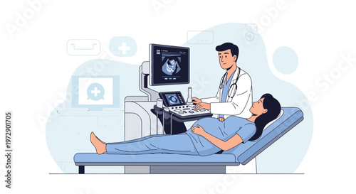 Doctor performing ultrasound on pregnant woman, showing baby on screen