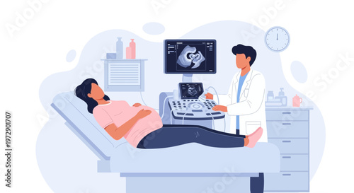 Doctor performing ultrasound on pregnant woman, showing baby on screen, medical examination