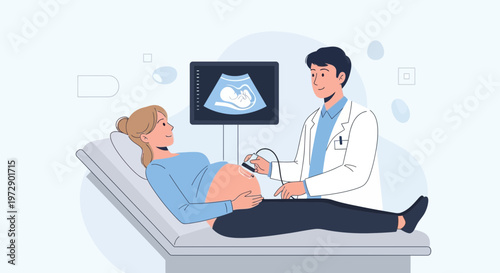 Doctor performs ultrasound on pregnant woman, displaying baby on screen, healthcare concept