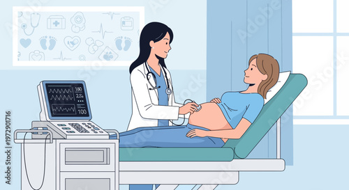 Doctor performs ultrasound on pregnant woman, medical examination, healthcare, pregnancy, baby