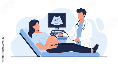 Doctor performs ultrasound on pregnant woman, showing baby on screen, healthcare concept