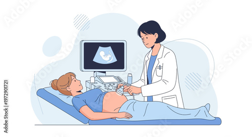 Doctor performs ultrasound on pregnant woman, showing fetus on screen, healthcare concept