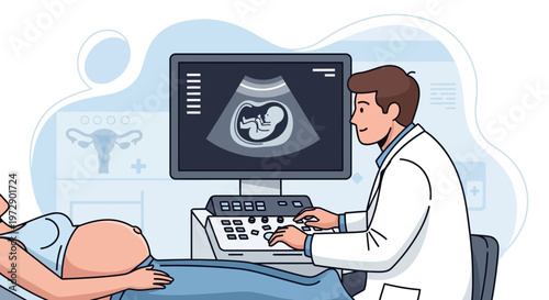 Doctor performs ultrasound on pregnant woman, showing baby on screen, symbolizing healthcare and new life.