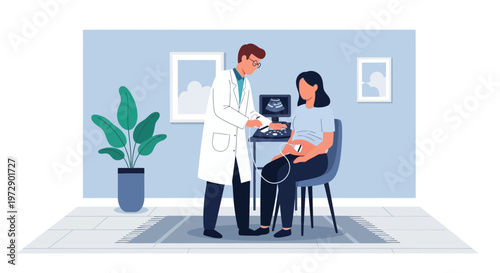 Doctor performs ultrasound on pregnant woman, showing baby on screen in clinic