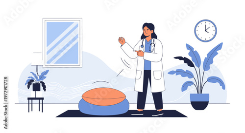 Doctor practicing yoga and meditation in a bright, modern clinic room