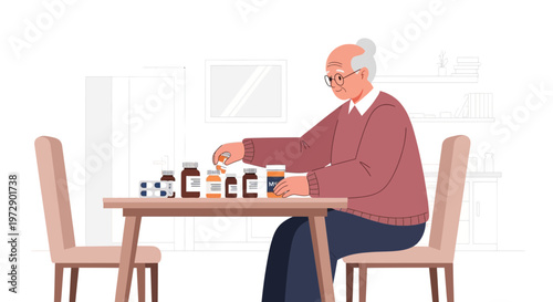 Elderly Man Organizing Medication Bottles on Table at Home
