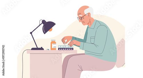 Elderly Man Organizing Pills in Pill Organizer Box with Medication Bottle and Lamp