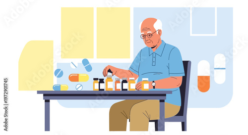 Elderly man sorting pills and medications at a table, healthcare concept