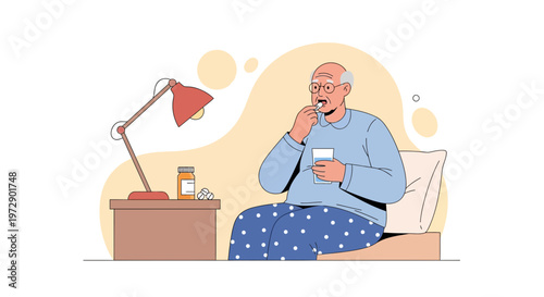 Elderly man taking medication in bed, feeling unwell, bedside table with lamp and pills