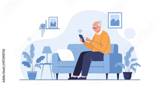 Elderly man using smartphone on sofa, modern living room, technology for seniors
