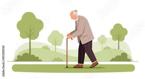 Elderly Man Walking with Cane in Park, Senior Lifestyle, Healthy Aging, Outdoor Activity