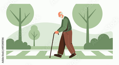 Elderly Man with Cane Walking on Crosswalk in Park, Senior Lifestyle