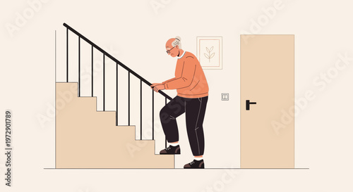 Elderly man with glasses climbing stairs, healthy lifestyle, active senior, home interior