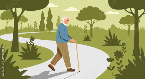 Elderly man with cane walking on park path, enjoying nature and healthy lifestyle