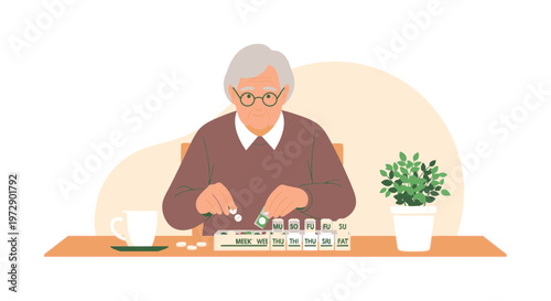 Elderly man with glasses organizing daily pills in a weekly pill organizer