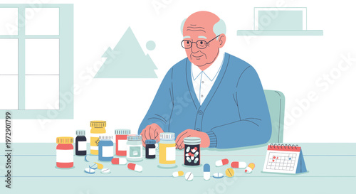 Elderly man with many pills and medication bottles, health and aging concept