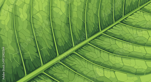 Macro View of Green Leaf Texture with Detailed Vein Structure. Stylized Vector Illustration for Ecology, Sustainability, and Nature Backgrounds.
