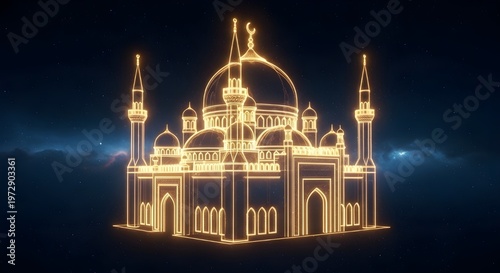 A glowing golden neon outline illustration of a traditional islamic mosque against dark background