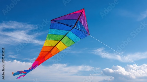 Colorful Rainbow Kite Flying High in a Clear Blue Sky