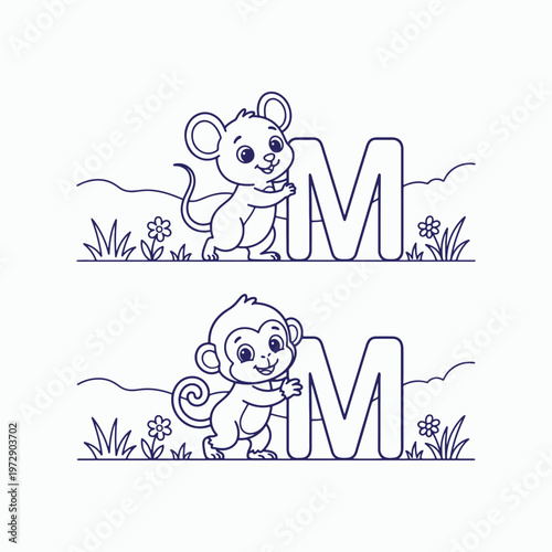 Cute Letter M Coloring Page Vector Mouse Monkey Kids 