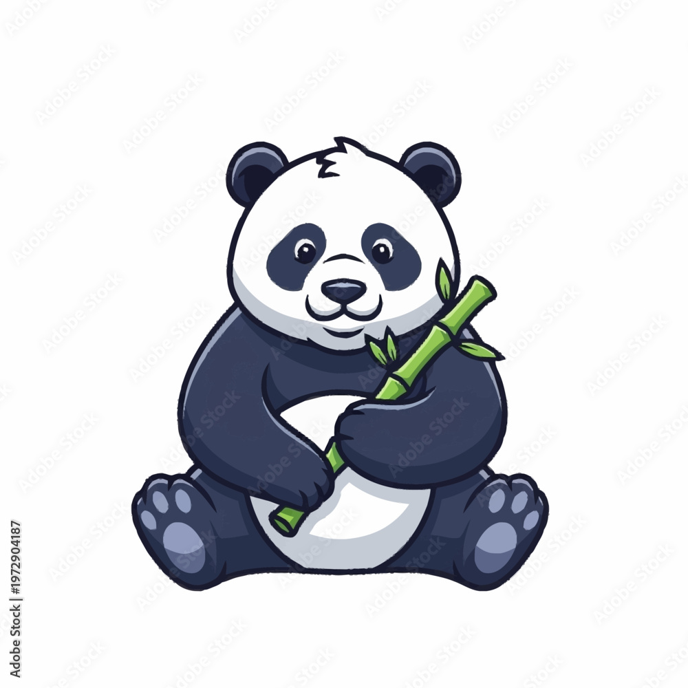 Obraz premium Adorable cartoon panda sitting and holding a bamboo branch.