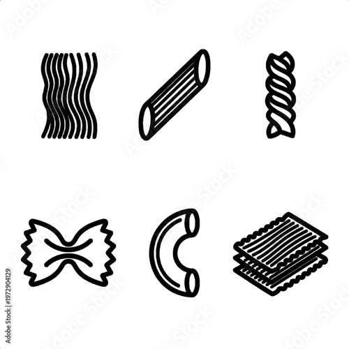 A set of six black and white icons, drawn in a line style, representing various types of dough on a transparent background.